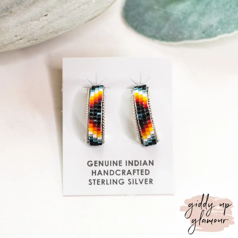 Bead weave earrings-Navajo | Navajo Handmade Small Multi Colored Aztec Beaded Hoop Earrings in Black