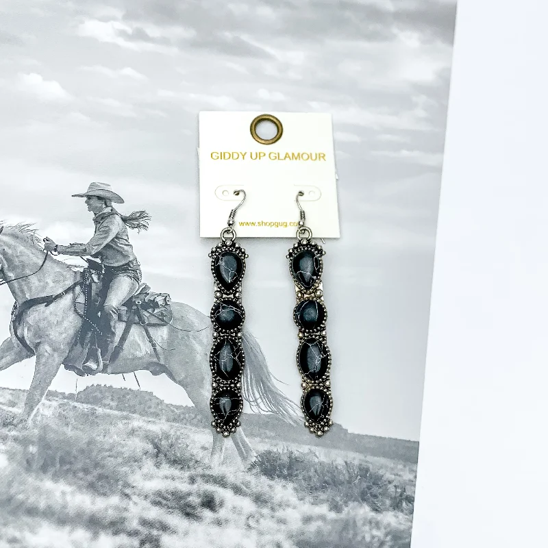 Dual-tone earrings-Western Connection Silver Tone Earrings With Four Stones in Black