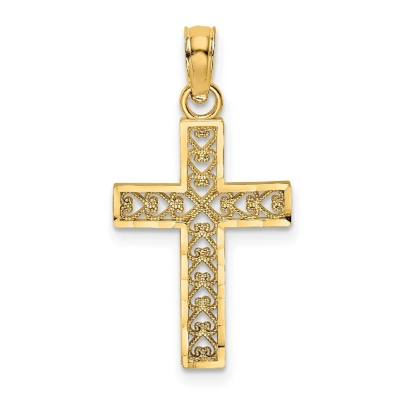 Alloy metal necklaces-Curata 14k Yellow Gold Filgree Heart Cross Pendant Necklace 12mm x 17.5mm