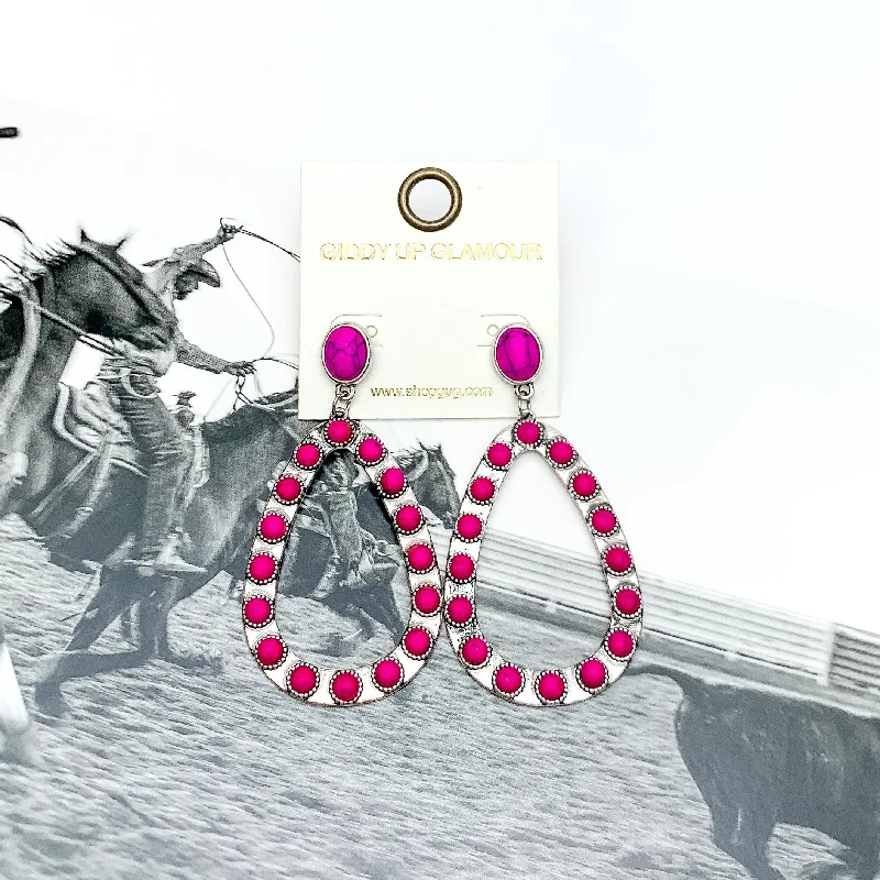 Cultured pearl earrings-Western Open Teardrop Earrings With Stones in Hot Pink