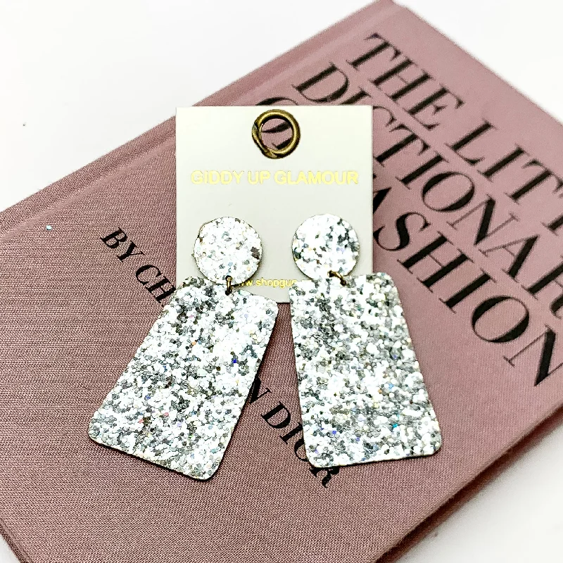 Broad hoop earrings-Excellent Taste Glitter Rectangle Drop Earrings in Silver