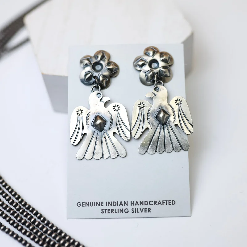 Thin threader earrings-Tim Yazzie | Navajo Handmade Sterling Silver Flower Post Thunderbird Drop Earrings