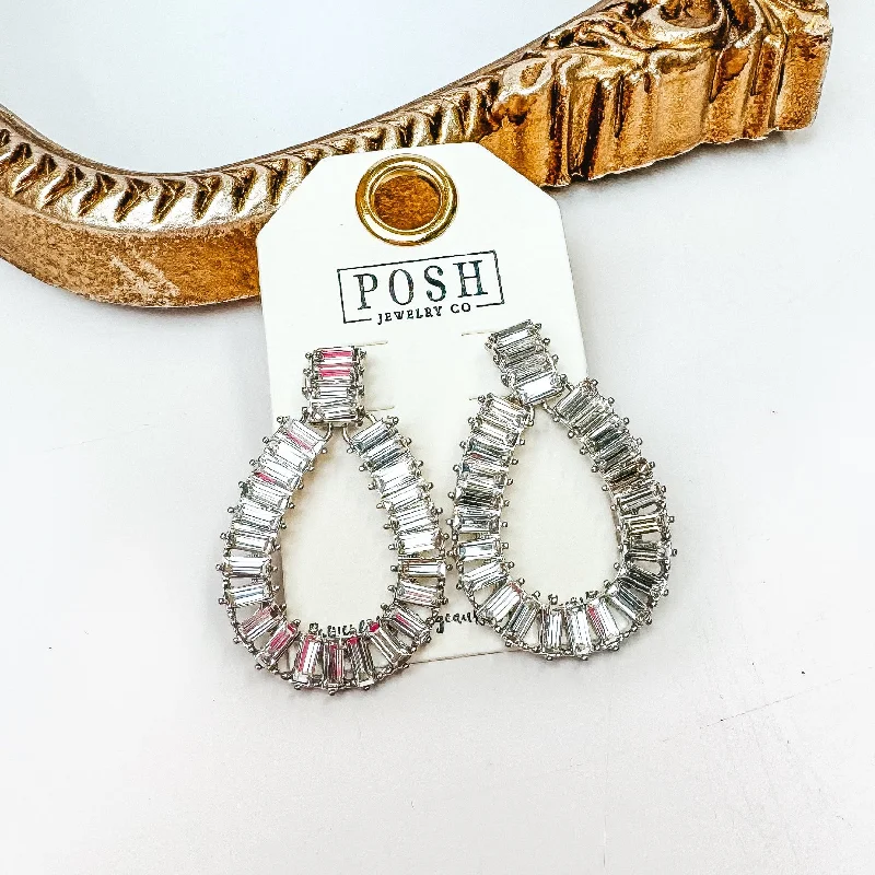 Bamboo style earrings-Posh by Pink Panache | Silver Tone Rhinestone Teardrop Earrings