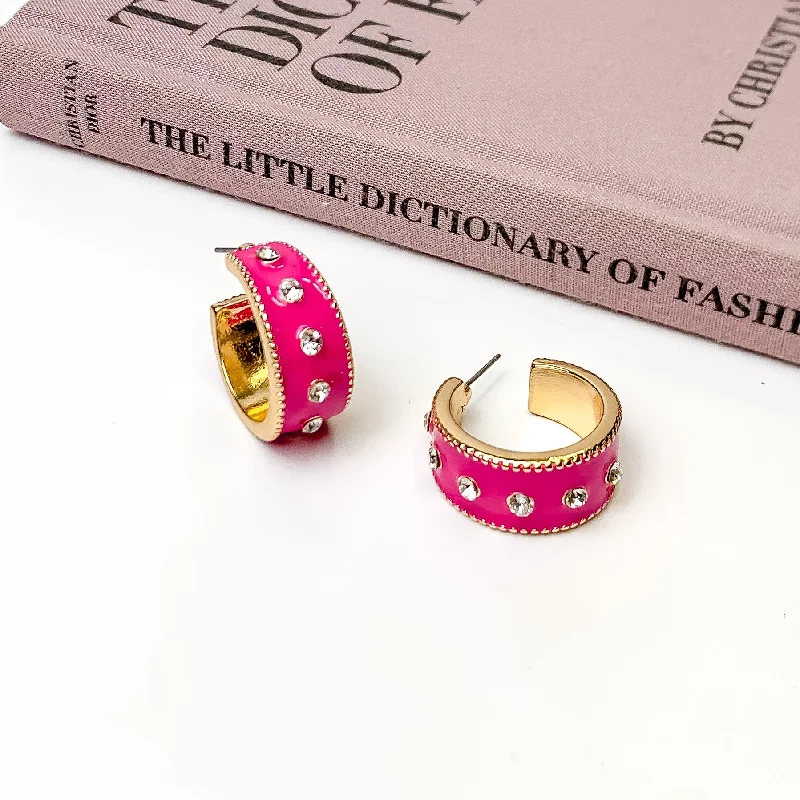 Crystal-twisted earrings-Surrounded By Starlight Small Gold Tone Hoop Earrings in Fuchsia Pink