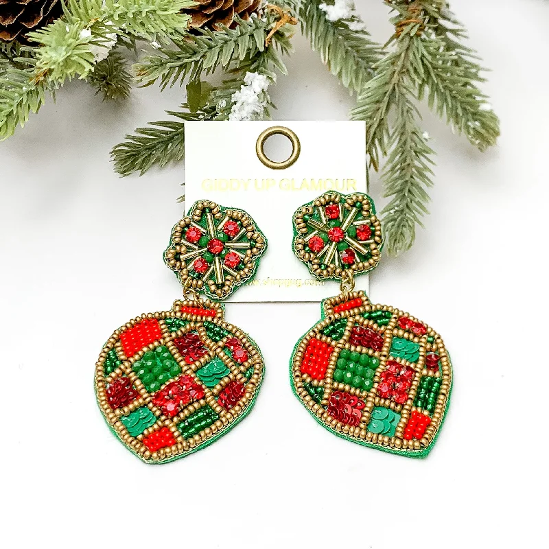 Brushed gold earrings-Beaded Post Back Ornament Earrings in Red and Green