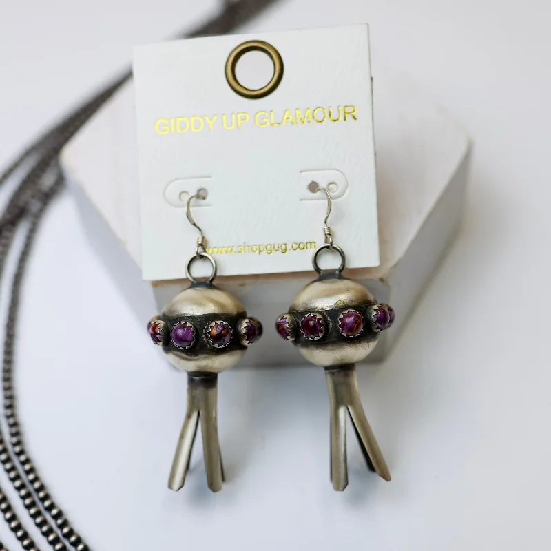 Sleek art earrings-Monica Smith | Navajo Handmade Sterling Silver Blossom Earrings with Purple Spiny Oyster