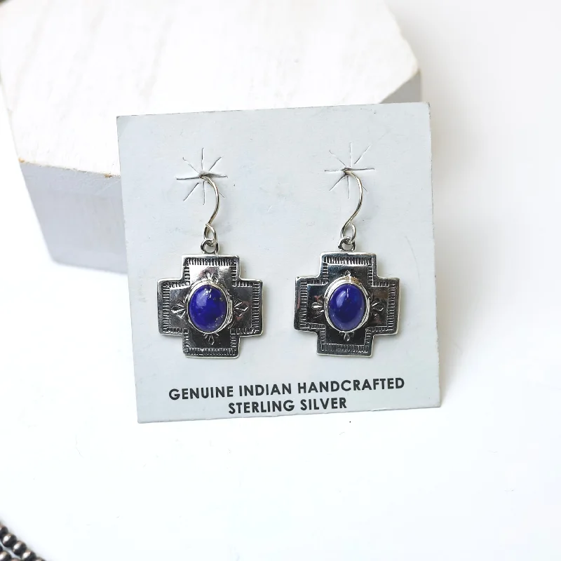 Twine bead earrings-Shirley Henry | Navajo Handmade Small Sterling Silver Cross Earrings with Lapis Stones