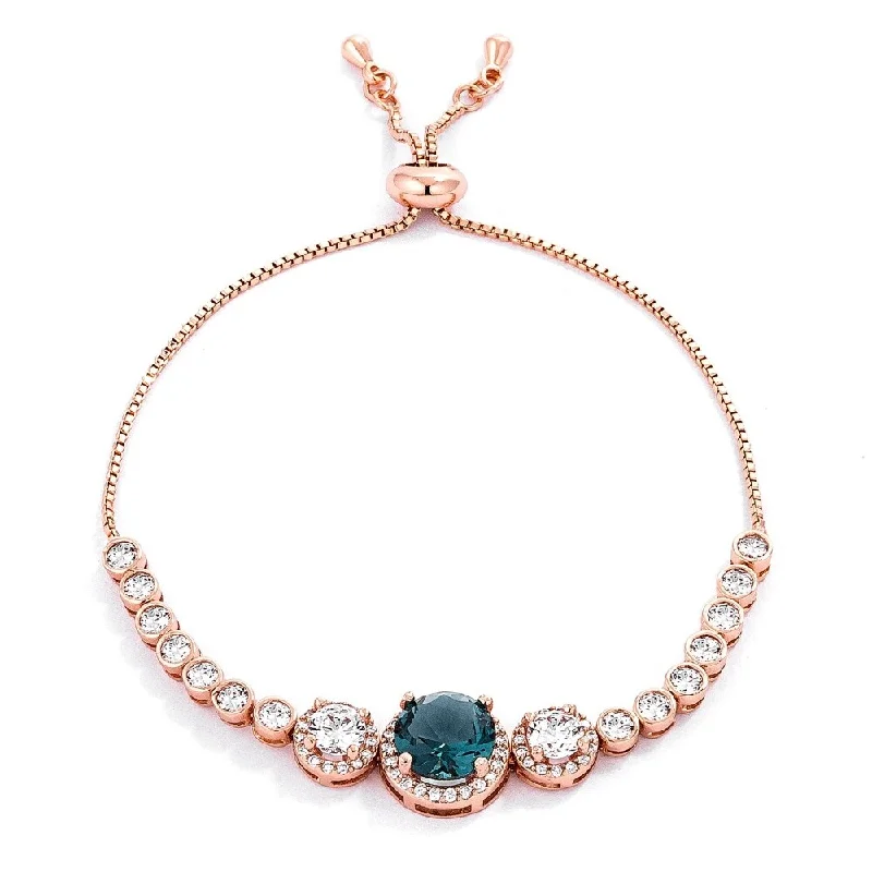 Woven cord bangles-Adjustable Rose Gold Plated Graduated Cz Bolo Style Tennis Bracelet - Blue-Green-Rosegold - 8.5" Circumference