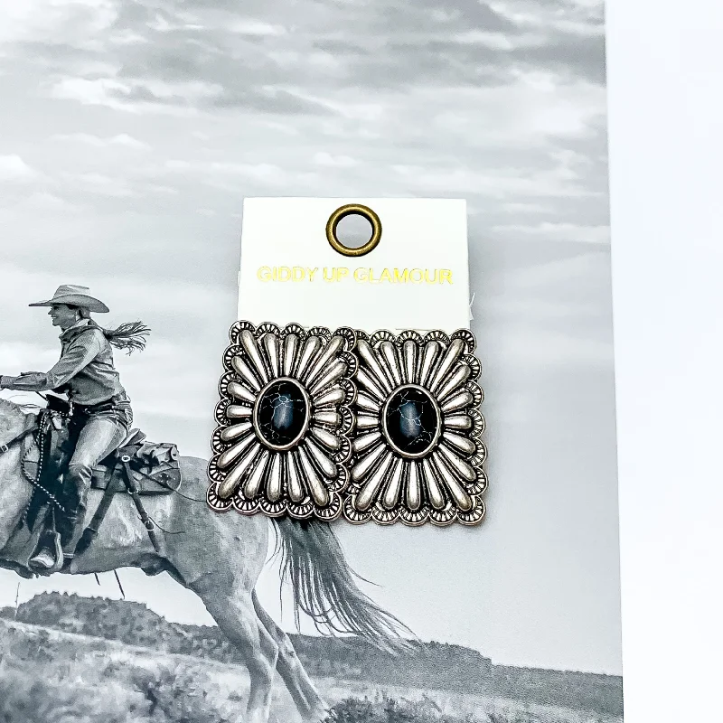 Hawk feather earrings-Western Flare Silver Tone Rectangle Earrings With Stone in Black