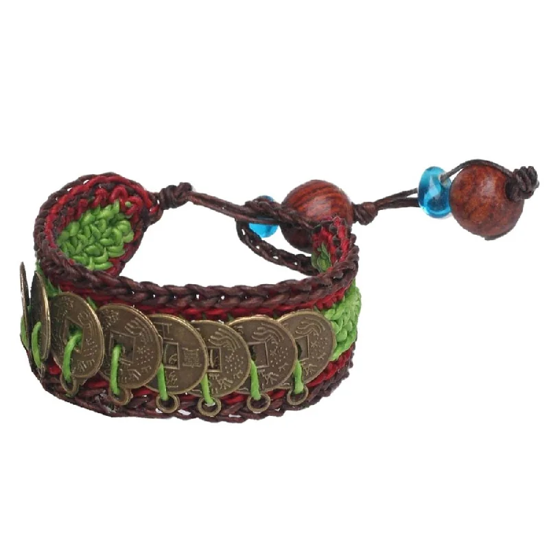 Silk cord bangles-Good Luck Wealth Protection Feng Shui Chinese Brass Coins on Red Green Brown Pair of Crocheted Wristband Bracelets (Thailand)