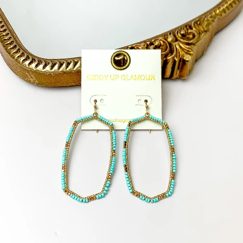 Dual-tone earrings-Turquoise Beaded Open Large Drop Earrings with Gold Tone Accessory