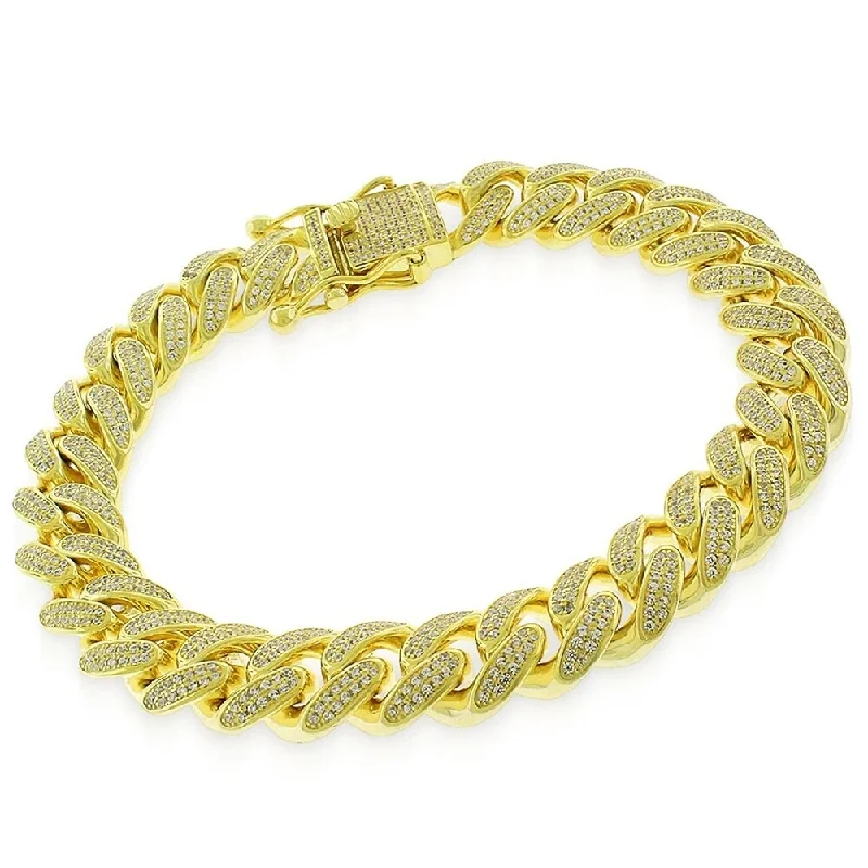 Fox motif bangles-Sterling Silver 12mm Iced Out CZ Miami Cuban Solid 925 Yellow Gold Bling Bracelet Chain 9"