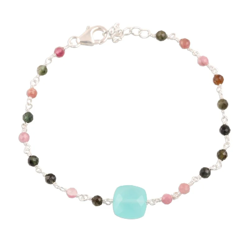 Bead row bangles-NOVICA Colorful Combo, Chalcedony and tourmaline pendant bracelet