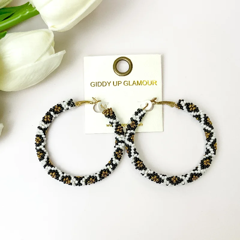 Solid statement earrings-White, Black, and Gold Tone Pattern Beaded Hoops