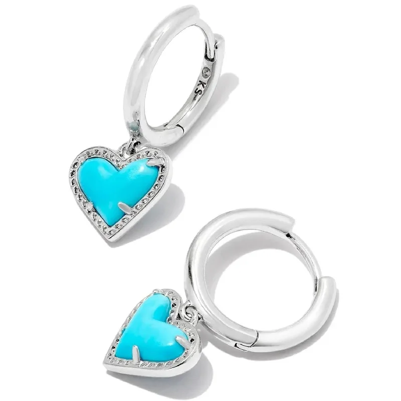 Leaf hoop earrings-Kendra Scott | Ari Heart Silver Huggie Earrings in Variegated Turquoise Magnesite