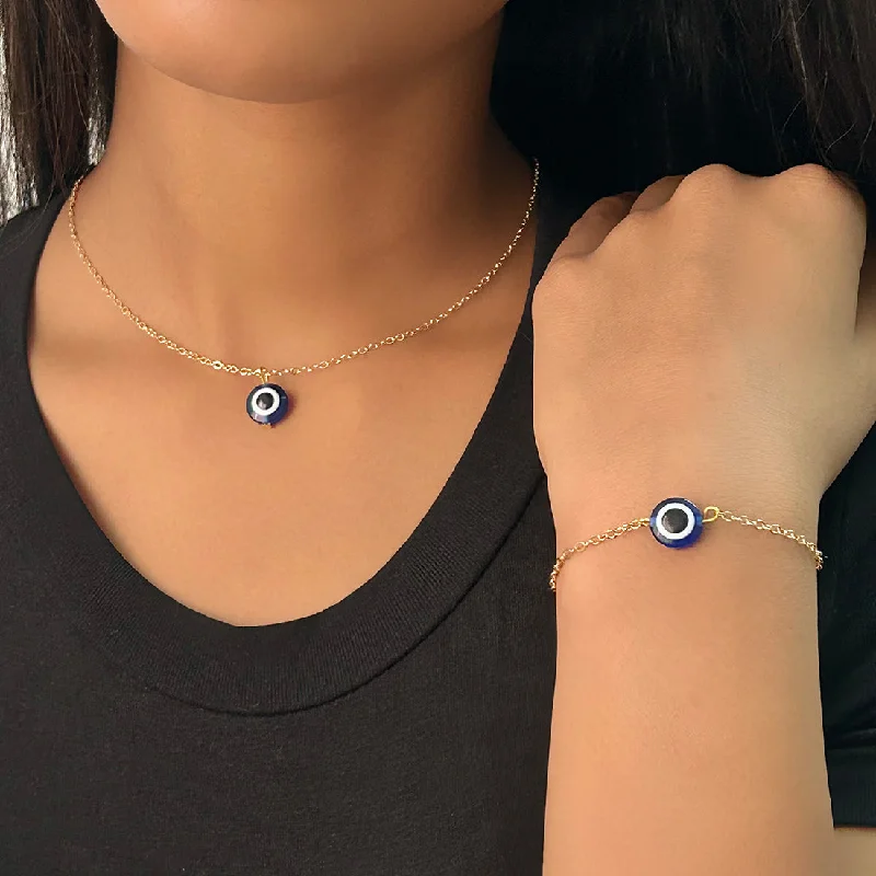 Cosmic charm necklaces-Set of 2 Evil Eye Pendant Gold-Toned Necklace & Bracelet