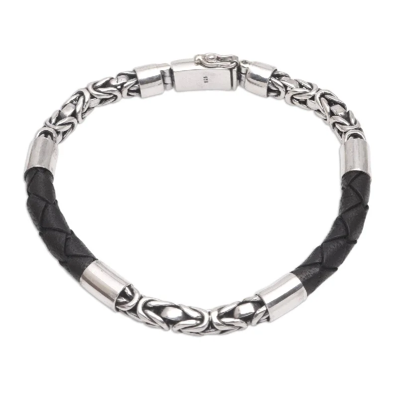 Heavy gem bangles-NOVICA Strong Unity in Black, Men's sterling silver and leather bracelet