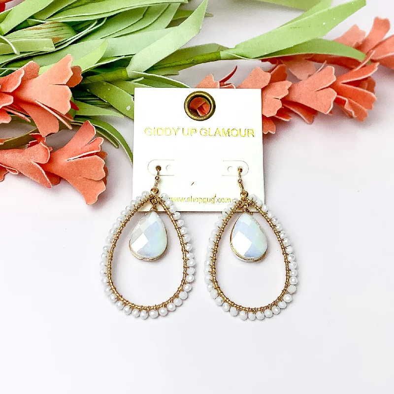 Cedar wood earrings-White Iridescent Stone Inside Open Beaded Teardrop Earrings with Gold Tone Outline