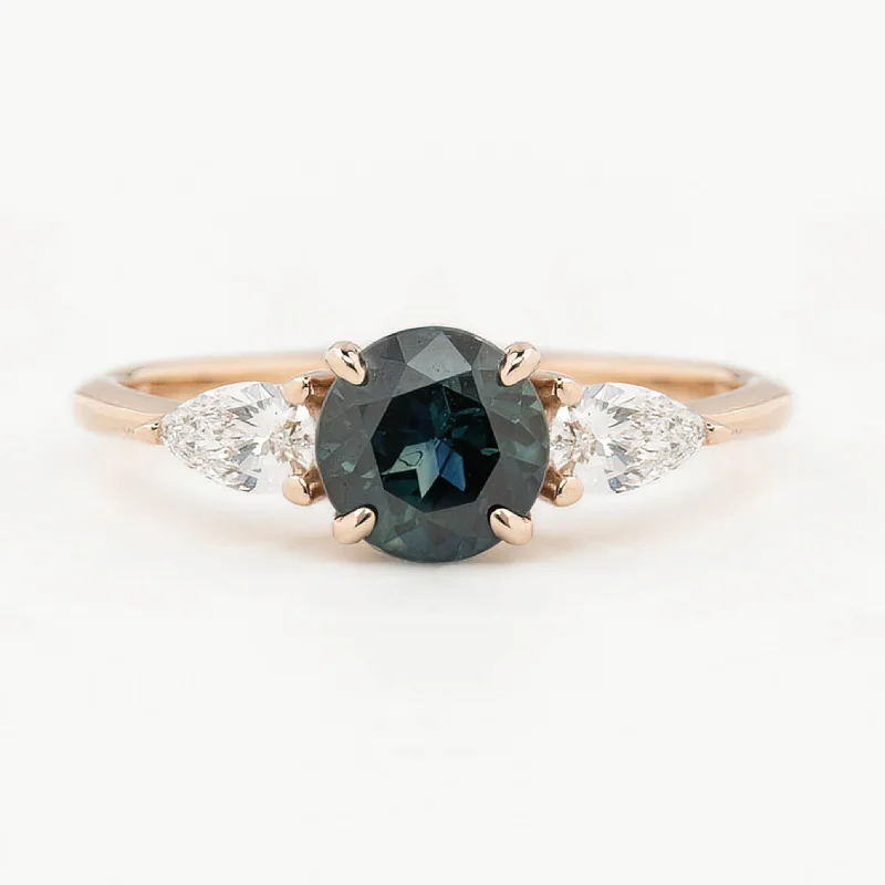 Vivid druzy engagement rings-Olivia Grand Ring 1.37ct Deep Teal Blue Round Queensland Sapphire, 14K Rose Gold (One of a kind)