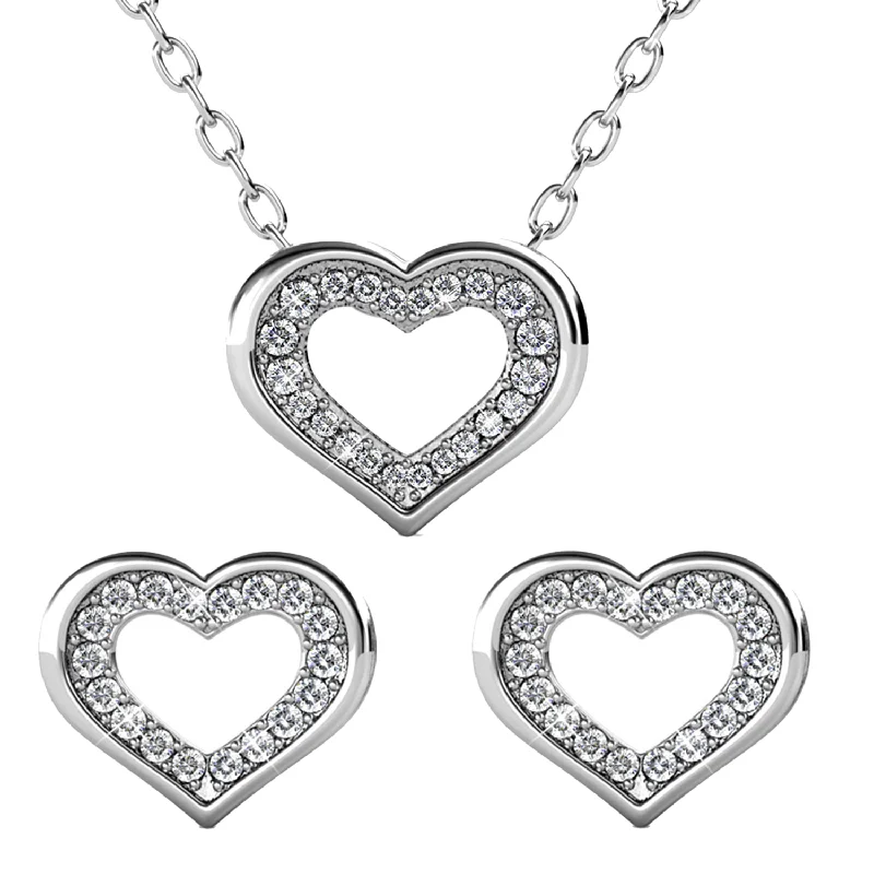 Fox charm necklaces-Dominique 18k White Gold Plated Silver Heart Necklace and Earring Set with Swarovski Crystals