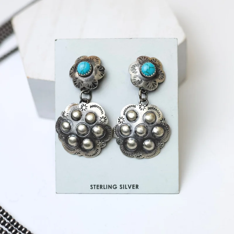 Alloy metal earrings-Tim Yazzie | Navajo Handmade Sterling Silver Flower Drop Earrings with Turquoise Studs