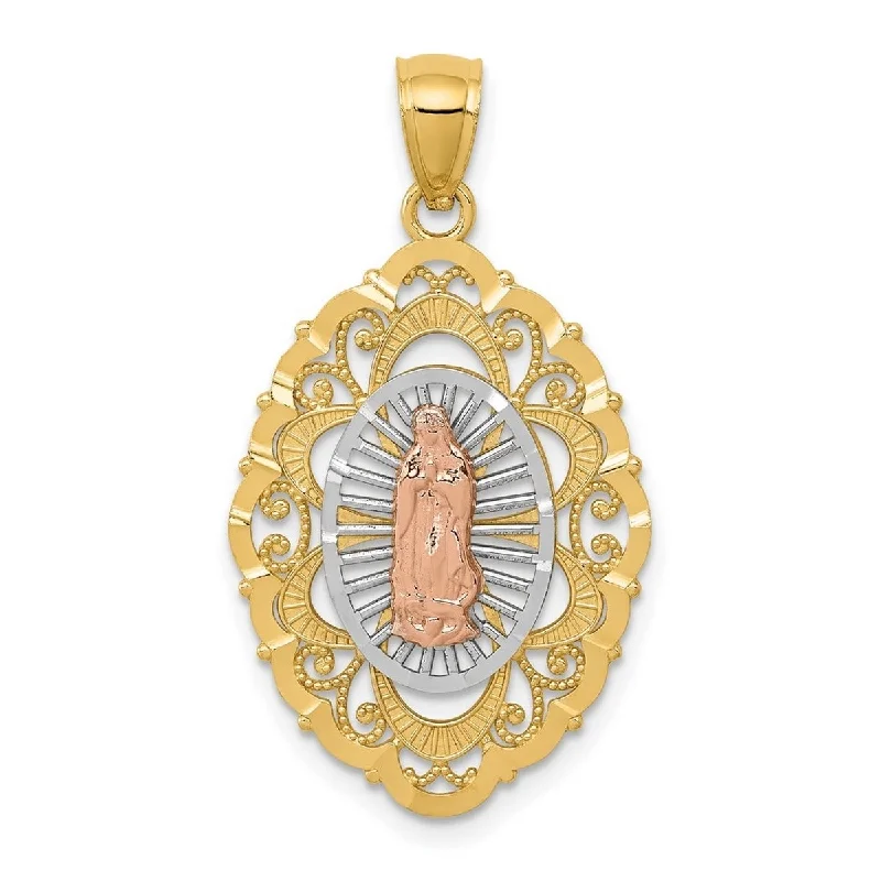 Spirit eye necklaces-Curata 14k Tri-Color Gold 18" Textured Sparkle-Cut Our Lady of Guadalupe Pendant Necklace - 33.5x18mm