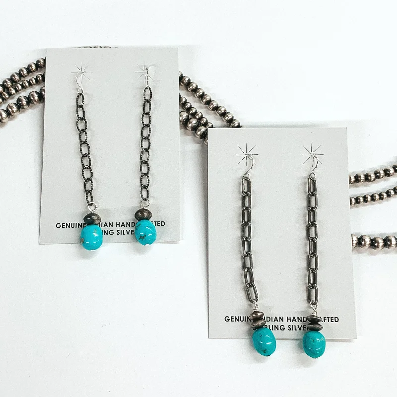 Playful pair earrings-Mason Lee | Navajo Handmade Sterling Silver Chain Drop Earrings with Navajo Pearl Charm and Turquoise Stone