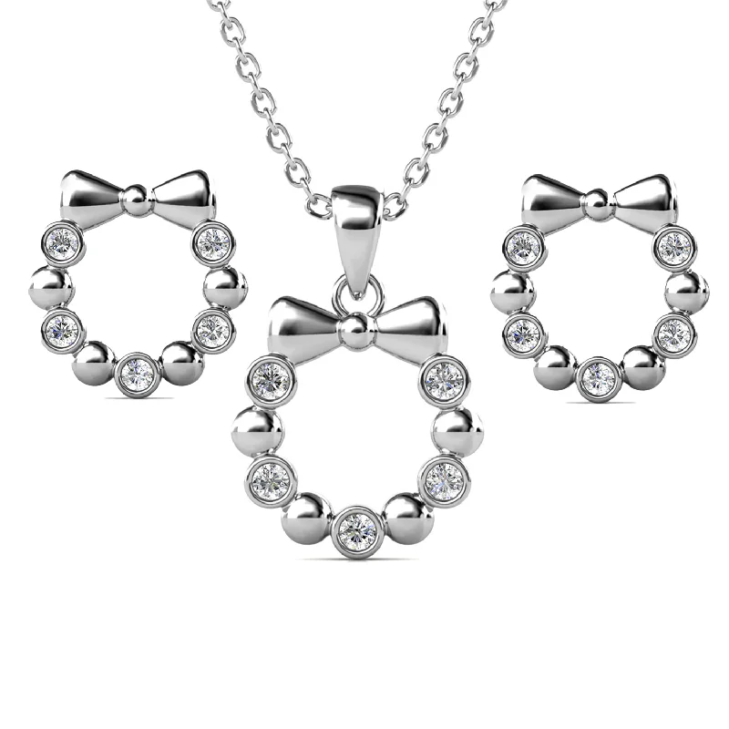 Twine braid necklaces-Edith 18k White Gold Plated Silver Ribbon Necklace and Earring Set with Swarovski Crystals