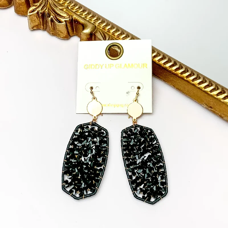 Tiny star earrings-Black Large Drop Earrings with Gold Tone Accessory