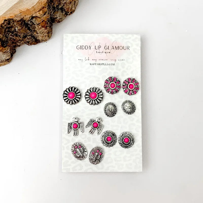 Wide hoop earrings-Set Of Six | Multiple Fuchsia Pink and Silver Tone Stud Earrings