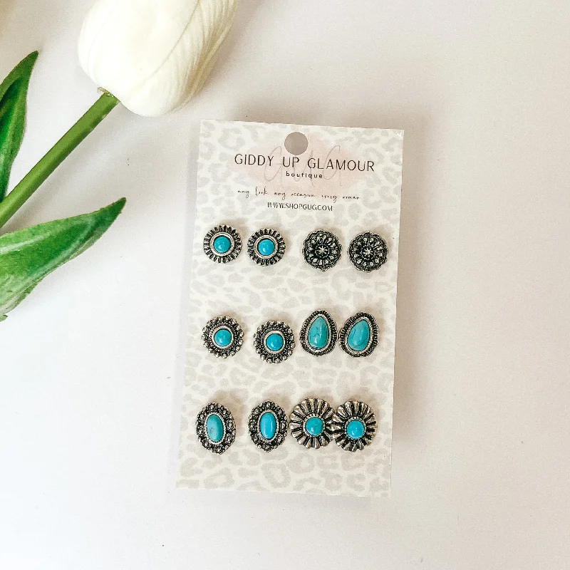 Curved design earrings-Set Of Six | Small Turquoise and Silver Designed Studs