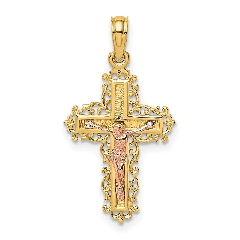 Oval gem necklaces-Curata 14k Two tone Gold Crucifix With Lace Trim and Pink Jesus Pendant Necklace, 18"