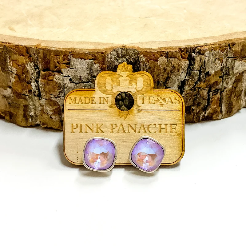 Sleek stud earrings-Pink Panache | Silver Tone Stud Earrings with Cushion Cut Crystals in Lavender