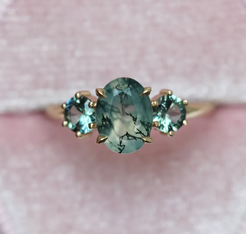 Sunflower design engagement rings-Marla Moss Agate Ring with Teal Tourmalines