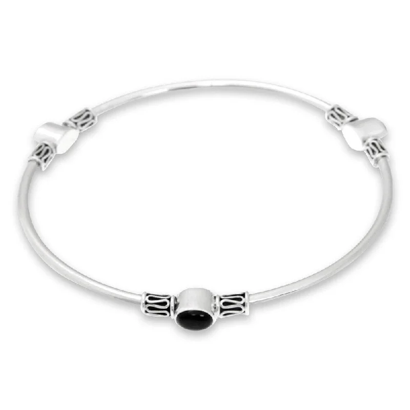 Chunky stone bangles-Handmade Harmony of Three Sterling Silver Onyx Bracelet (Indonesia) - Black