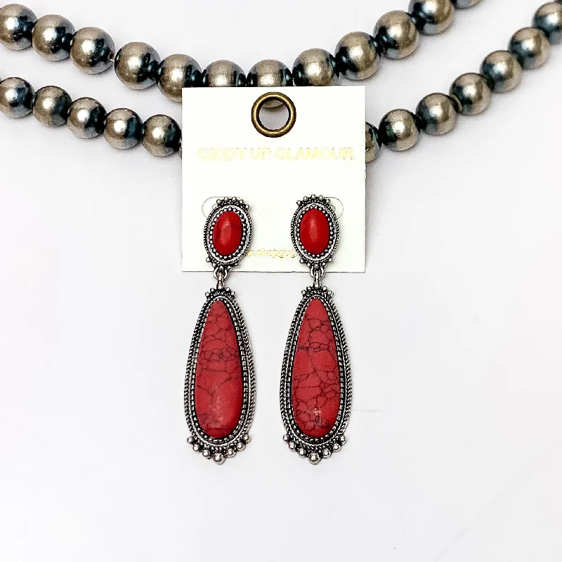 Trekker feather earrings-Southern Saturdays Silver Tone Drop Earrings in Red