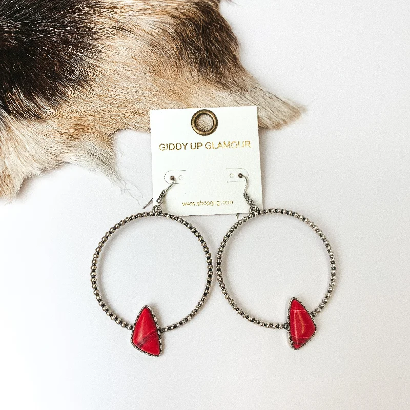 Cosmic glow earrings-Silver Tone Textured Hoop Earrings with Red Stone