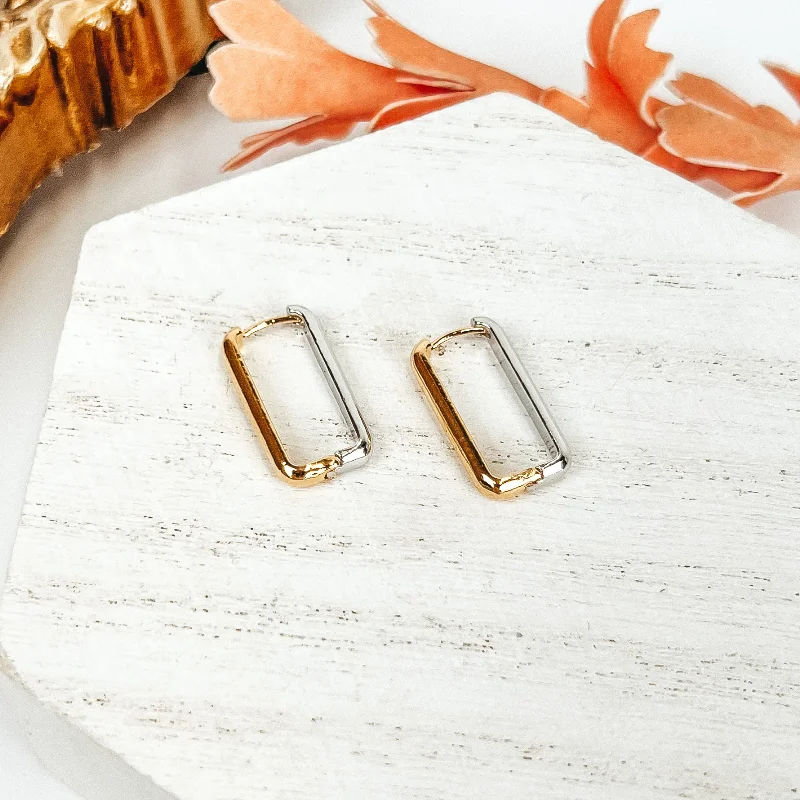 Bamboo style earrings-Two Tone Rectangle Hoop Earrings