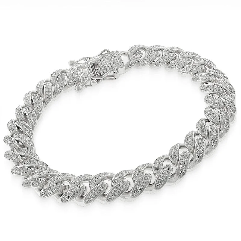 Stretch cord bangles-Sterling Silver 12mm Iced Out CZ Miami Cuban Solid 925 Rhodium Bling Bracelet Chain 9"