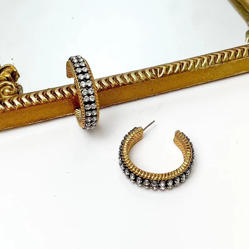 Pink gold earrings-Clear Crystal Inlay and Gold Tone Hoop Earrings with Black Setting