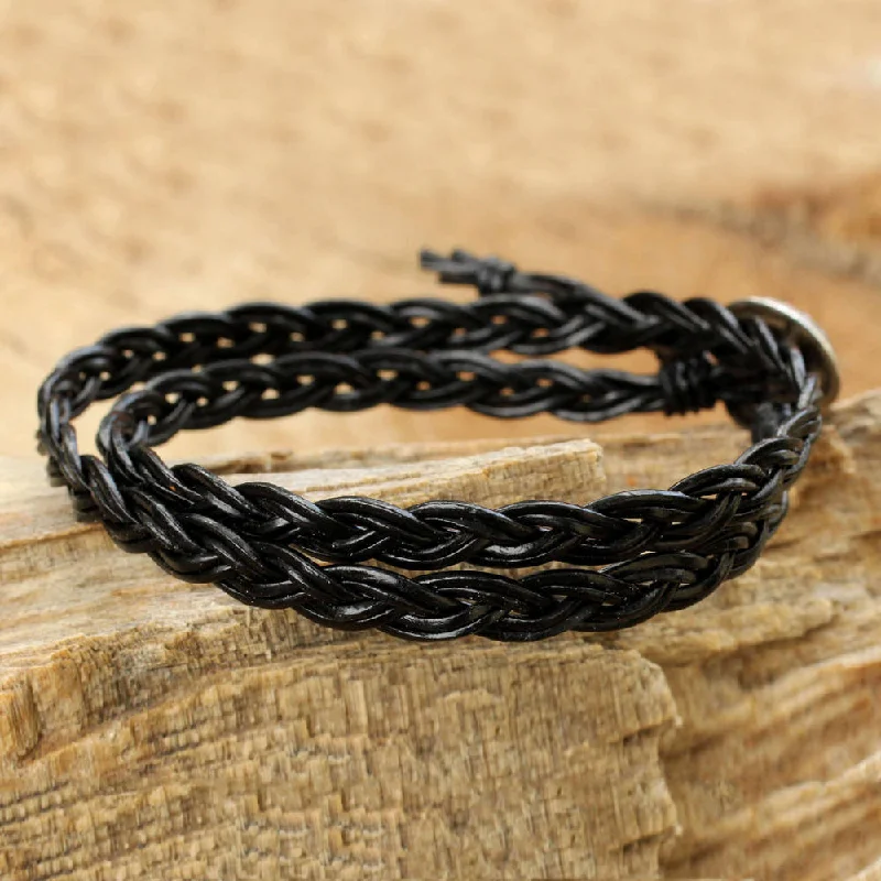 Tri-tone bangles-NOVICA Handmade Silver Leather 'Black Braid' Bracelet (Thailand)