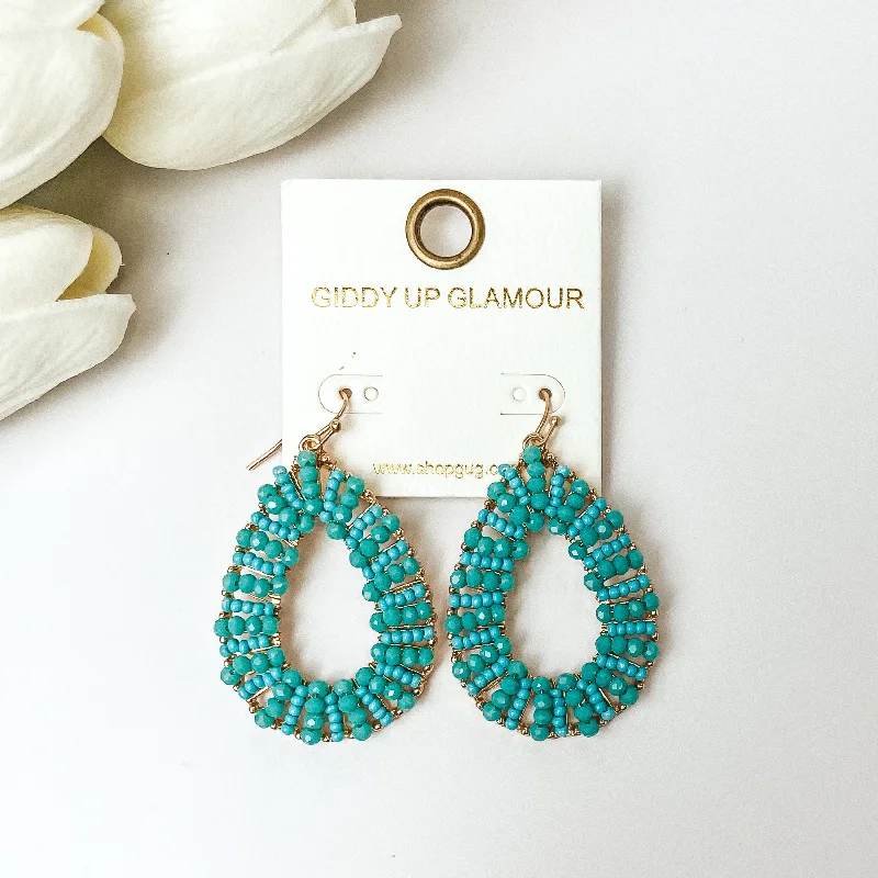 Bali tile earrings-Gold Tone Teardrop Earrings with Turquoise Beaded Outline