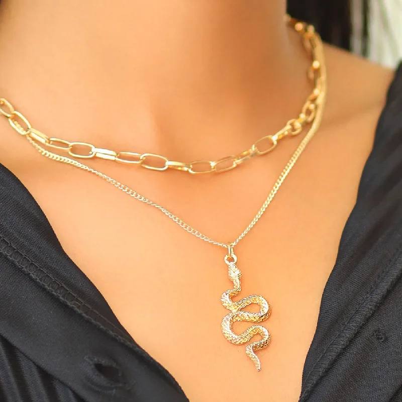 Textured disc necklaces-Chunky Chain-Link Snake Pendant Gold-Toned Multi-Layered Necklace