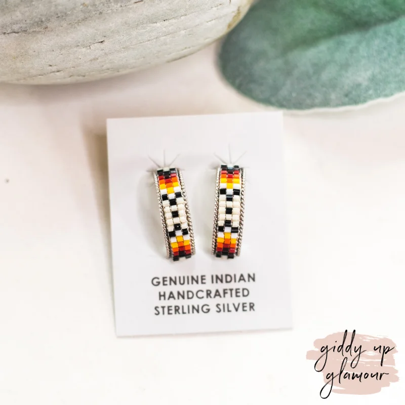 Light wood earrings-Navajo | Navajo Handmade Small Multi Colored Aztec Beaded Hoop Earrings in Ivory #1