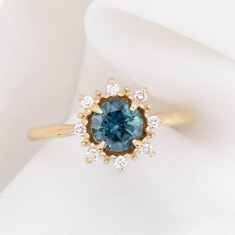 Beaded rim engagement rings-Victoria Ring 1.01ct Teal Blue Montana Sapphire, 14k Yellow Gold (One of a kind)