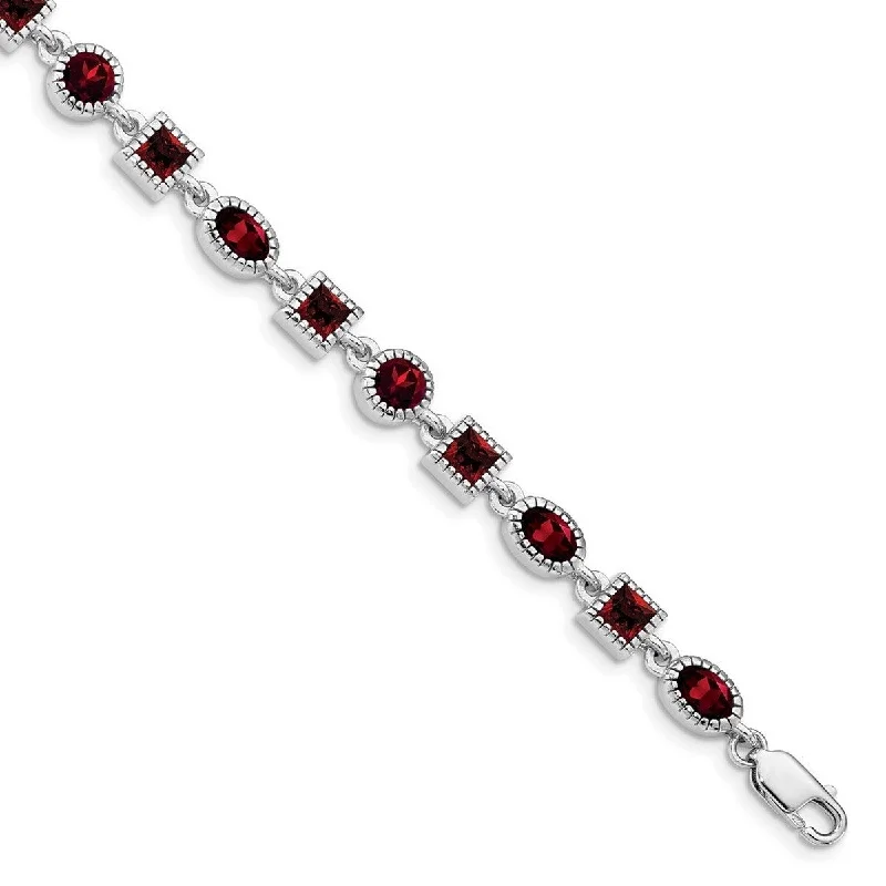 Retro deco bangles-Curata 925 Sterling Silver Textured Polished Garnet Bracelet 7 Inch Lobster Claw