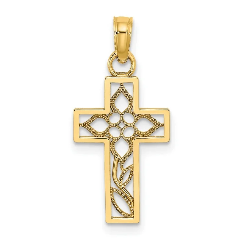 Mist glass necklaces-Curata 14k Yellow Gold Beaded Flower and Stem Cut-out Cross Necklace 12mm x 16.8mm