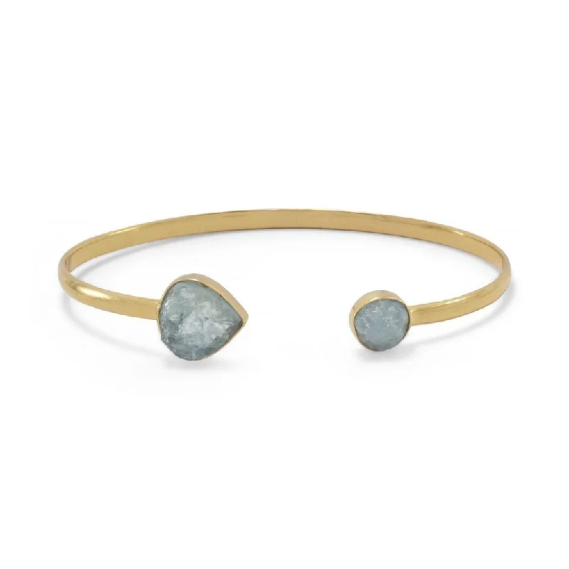 Sea bead bangles-Curata 14k Gld Plated 925 Sterling Silver Aquamarine Cuff Bracelet an 8mm Rough Cut Stone on One Side 13mm X