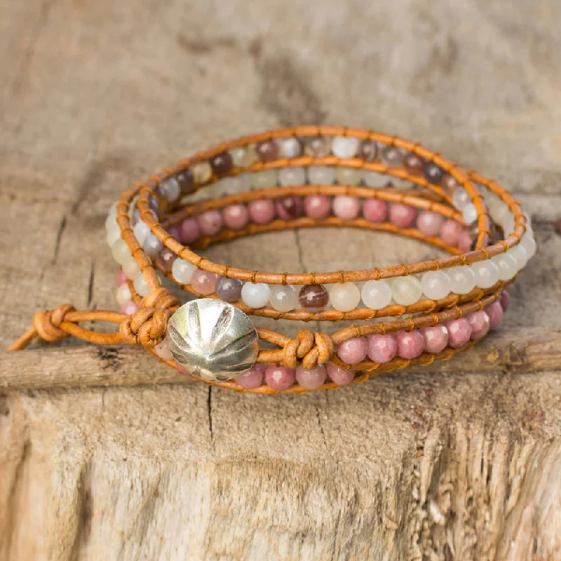 Hand-polished bangles-Handmade Leather 'Karen Rose' Multi-gemstone Bracelet (Thailand)