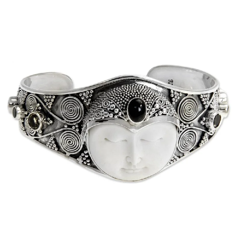 Glossy cuff bangles-NOVICA Handmade Imperial Woman Ornate Carved Bone with Multi Gemstone 925 Sterling Silver Womens Cuff Bracelet (Indonesia)